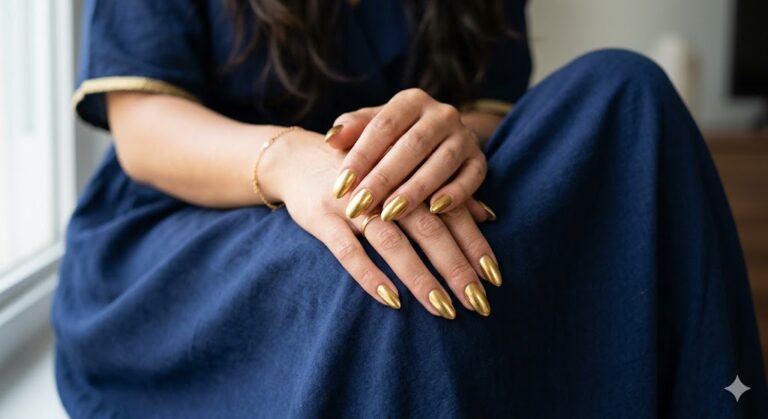 gold nails with navy blue dress