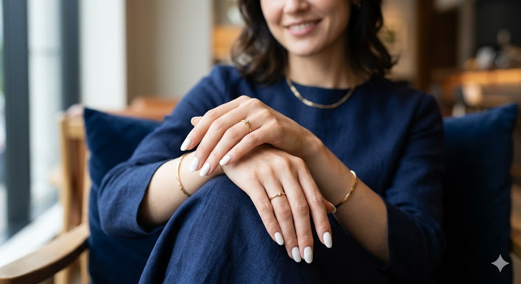 simple white nails with blue dress