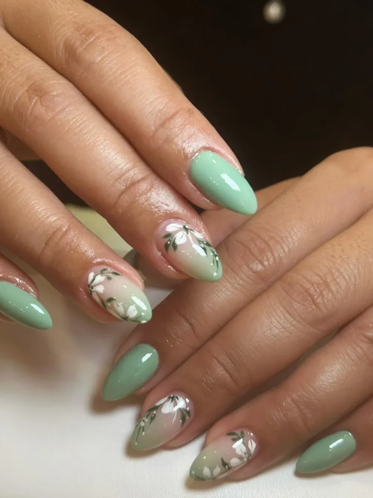 spring floral sage green nails