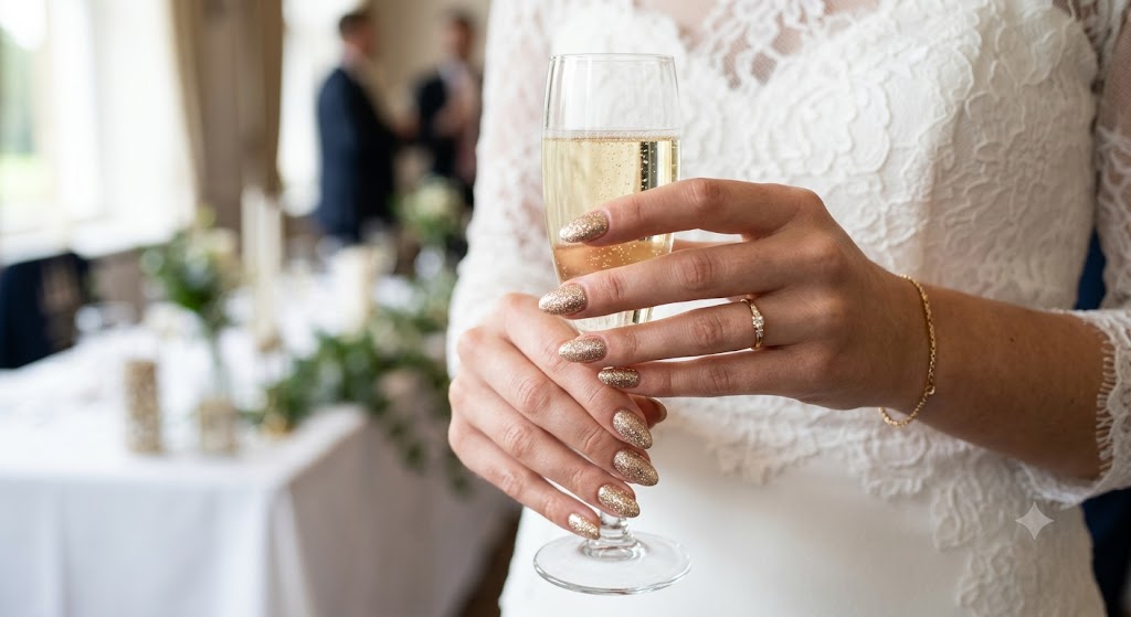 Champagne nails with white dress