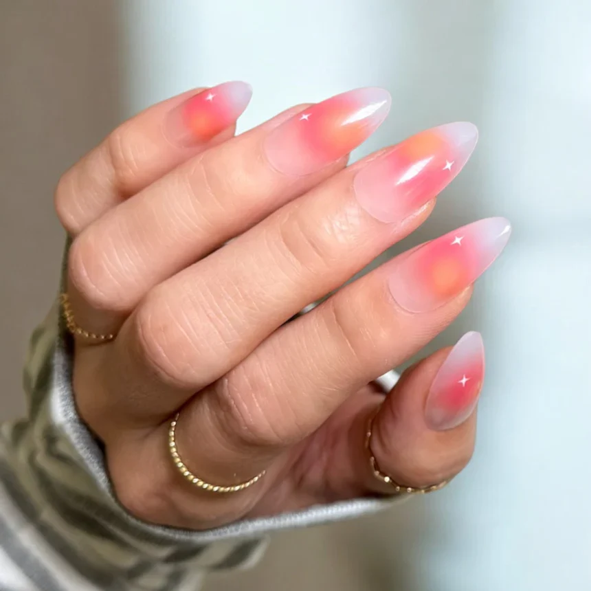 pink and orange aura summer almond nail design