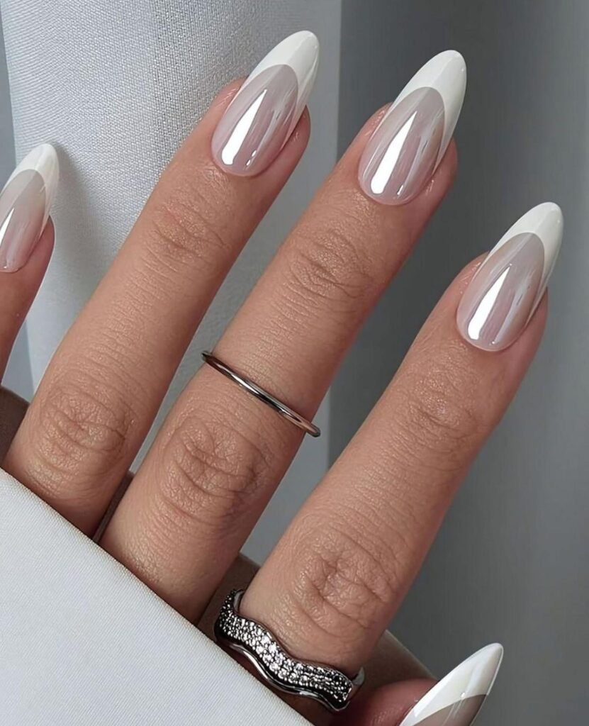 Chrome French Tip nails in white color
