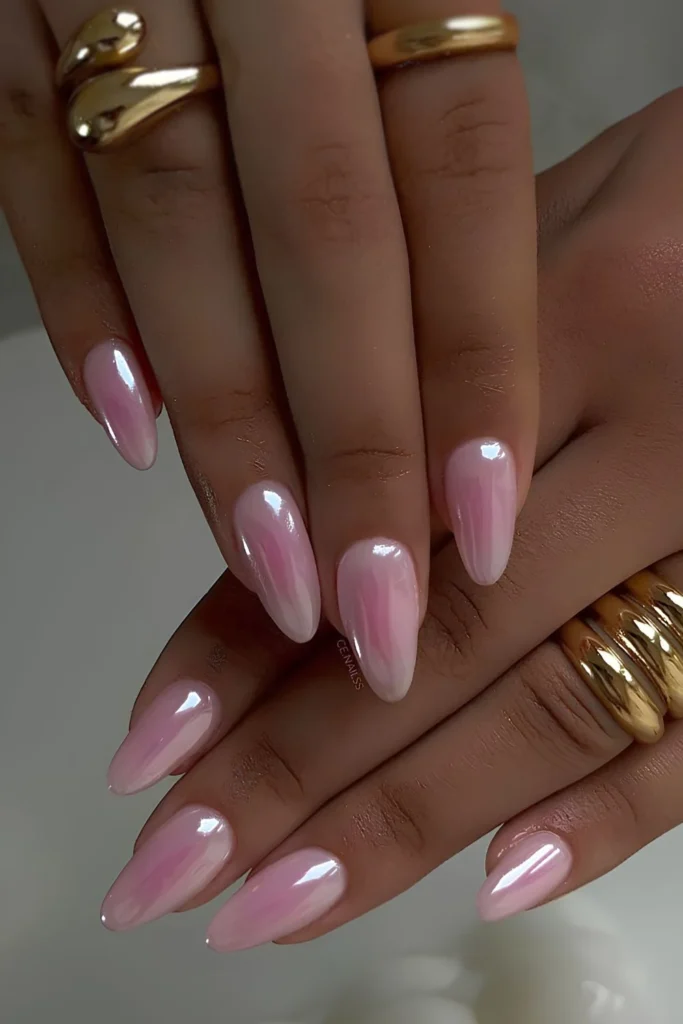 milky pink chrome nails with Aura art