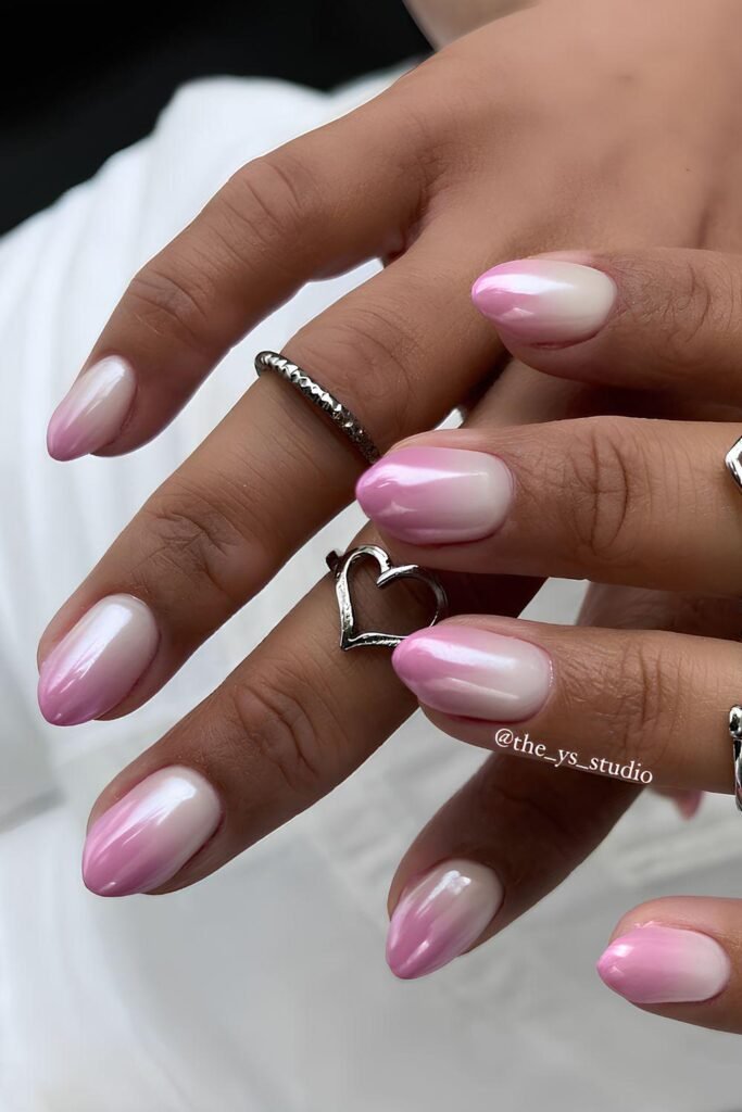 pink and white chrome ombre nails