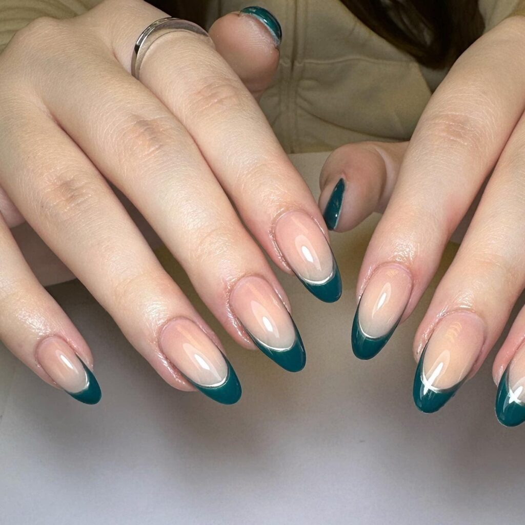 teal french tip nail design