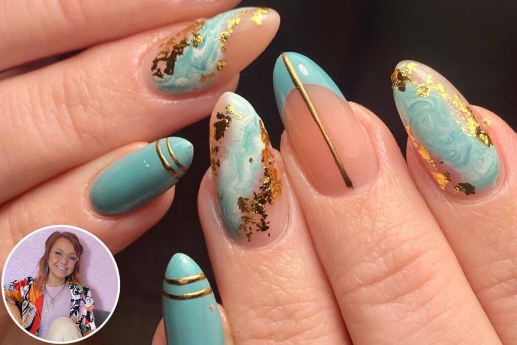 teal nail art with gold foil on almond shape nails